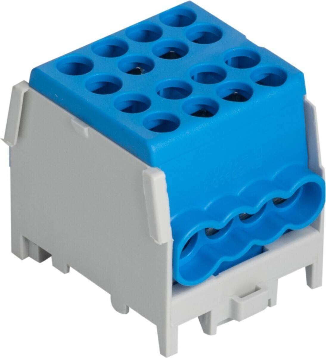 Ein blauer und grauer elektrischer Klemmenblock mit mehreren Anschlusspunkten, der zum Sichern und Verbinden von elektrischen Drähten entwickelt wurde.