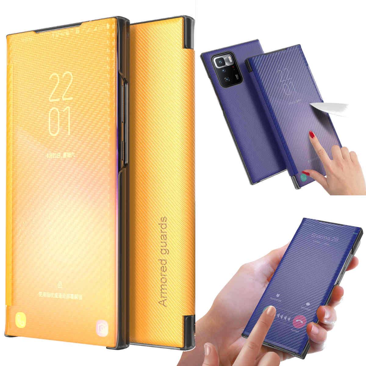 Für Xiaomi Redmi Note 10 Pro Design Carbon Clear View Spiegel Mirror Smartcover Gelb Schutzhülle Cover Etui Tasche Hülle Neu Case Wake UP Funktion