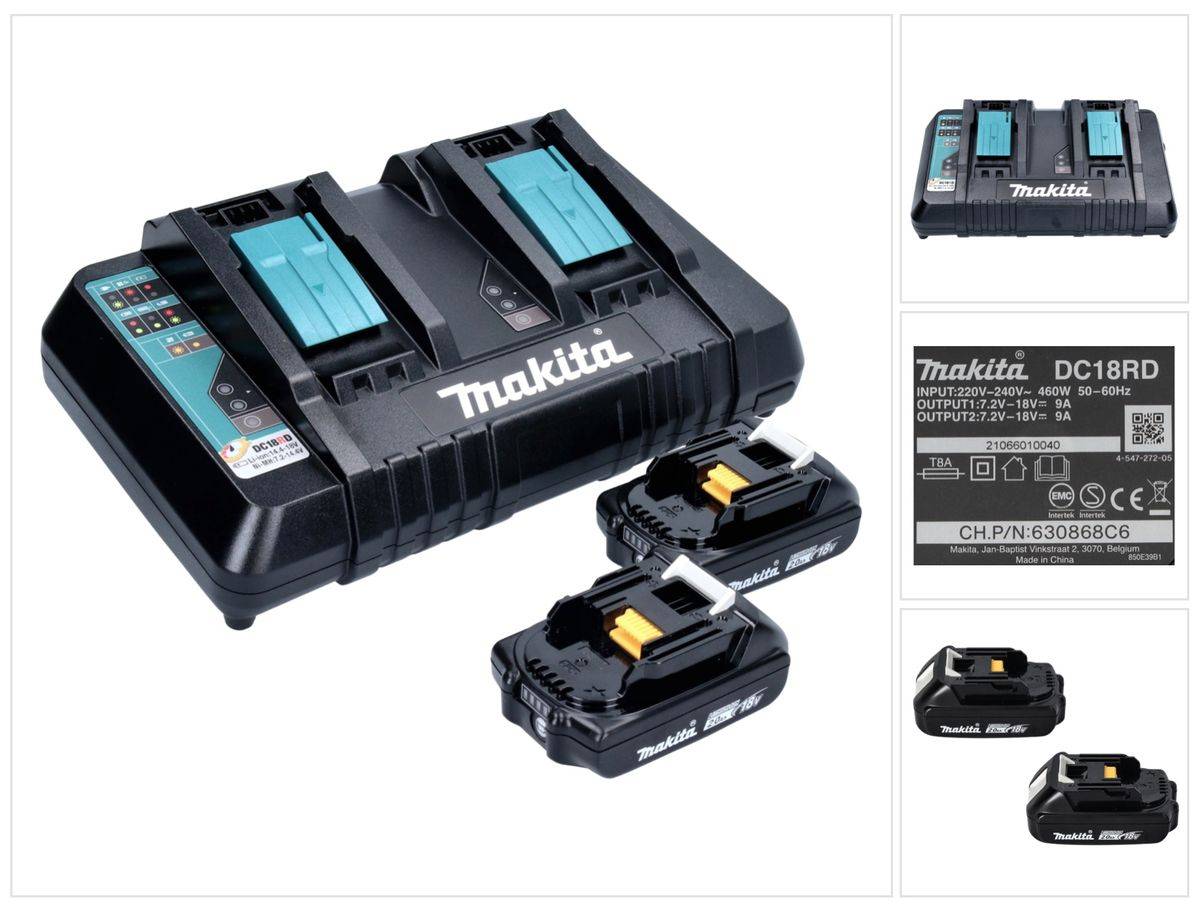Makita Power Source Kit 18 V mit 2x BL 1820 B 2,0 Ah Akku ( 2x 197254-9 ) + DC 18 RD Doppel Schnellladegerät ( 196933-6 )