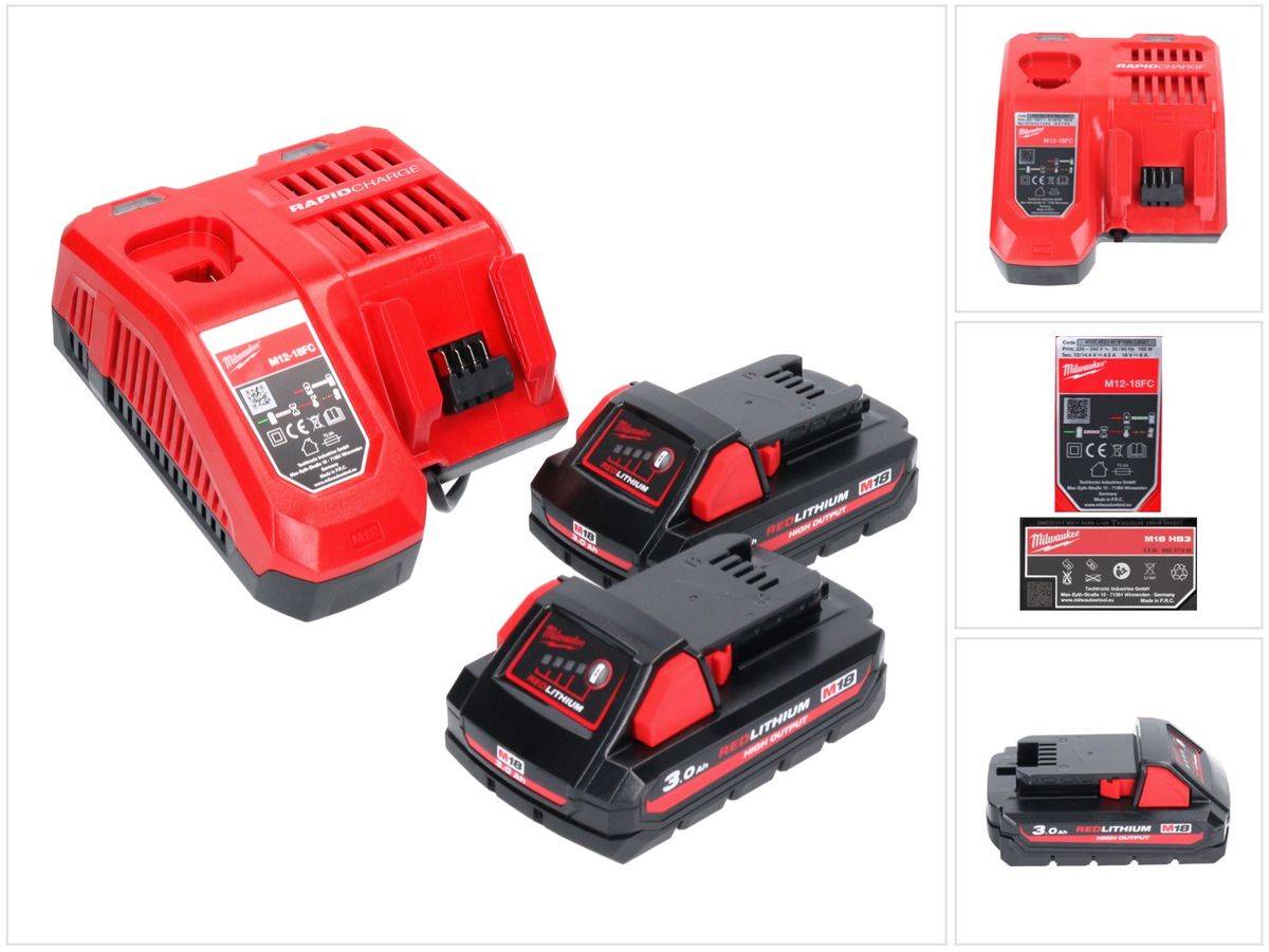 Milwaukee M18 NRG-302 Akku Starter Set High Output 2x 18 V 3,0 Ah / 3000 mAh Li-Ion Akku ( 2x 4932471069 ) + M12-18FC Ladegerät ( 4932451079 )