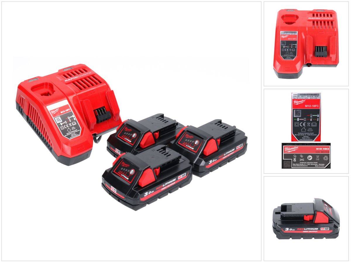 Milwaukee M18 NRG-303 Akku Starter Set High Output 3x 18 V 3,0 Ah / 3000 mAh Li-Ion Akku ( 3x 4932471069 ) + M12-18FC Ladegerät ( 4932451079 )