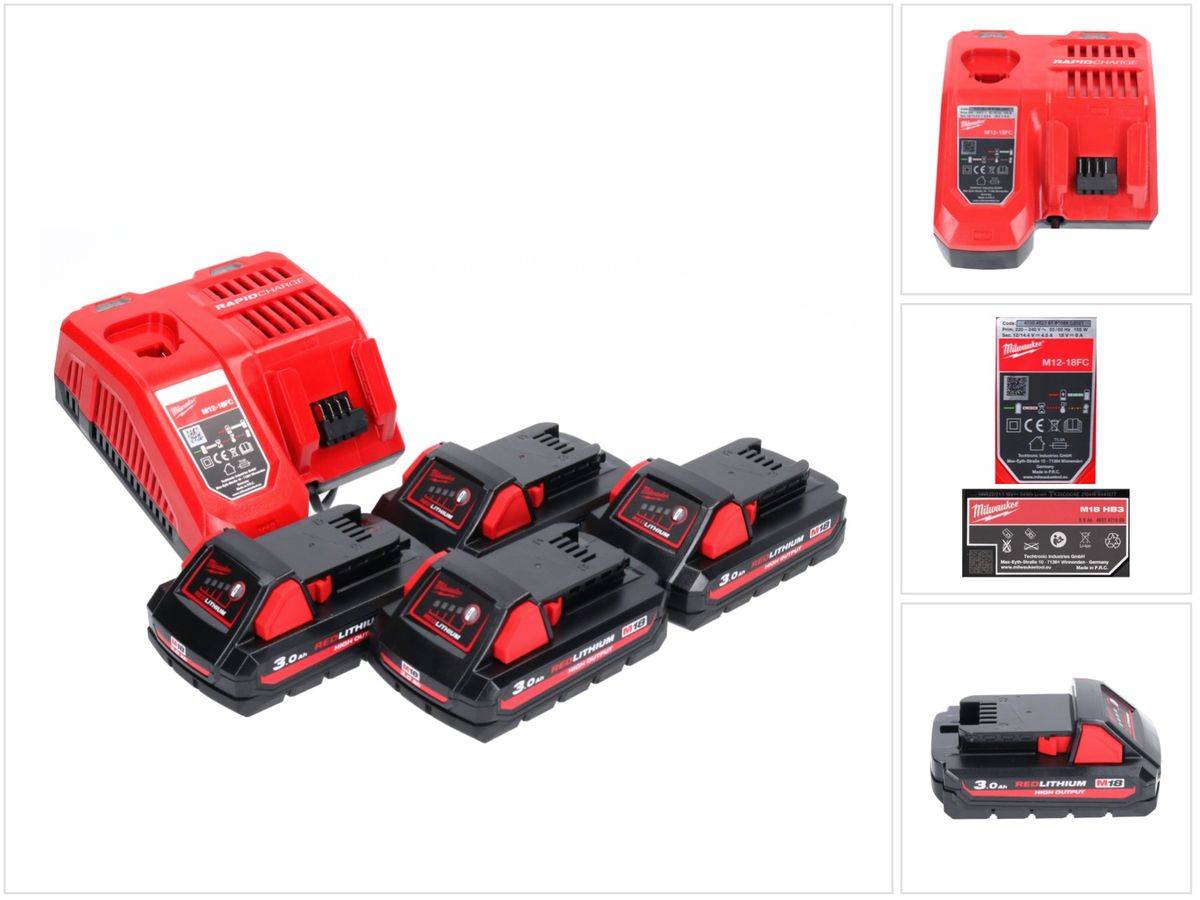 Milwaukee M18 NRG-304 Akku Starter Set High Output 4x 18 V 3,0 Ah / 3000 mAh Li-Ion Akku ( 4x 4932471069 ) + M12-18FC Ladegerät ( 4932451079 )