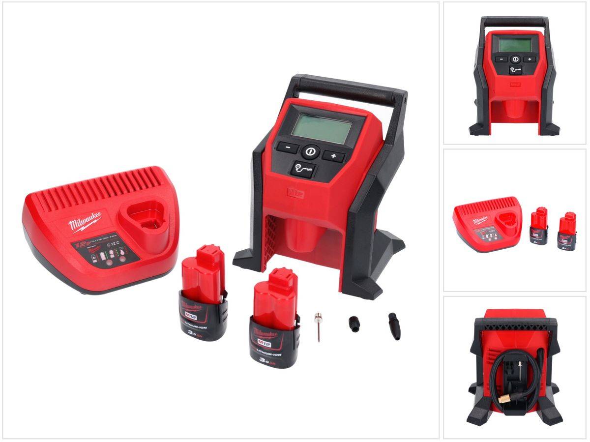 Milwaukee M12 BI-302C Akku Kompressor 12 V + 2x Akku 3,0 Ah + Ladegerät