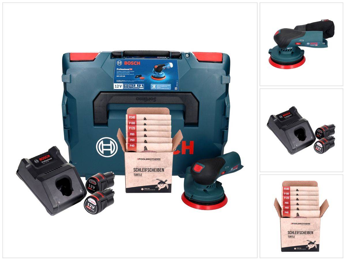 Bosch GEX 12V-125 Professional Akku Exzenterschleifer 12 V 125 mm Brushless + 2x Akku 3,0 Ah + Ladegerät + Toolbrothers TURTLE Schleifset + L-Boxx