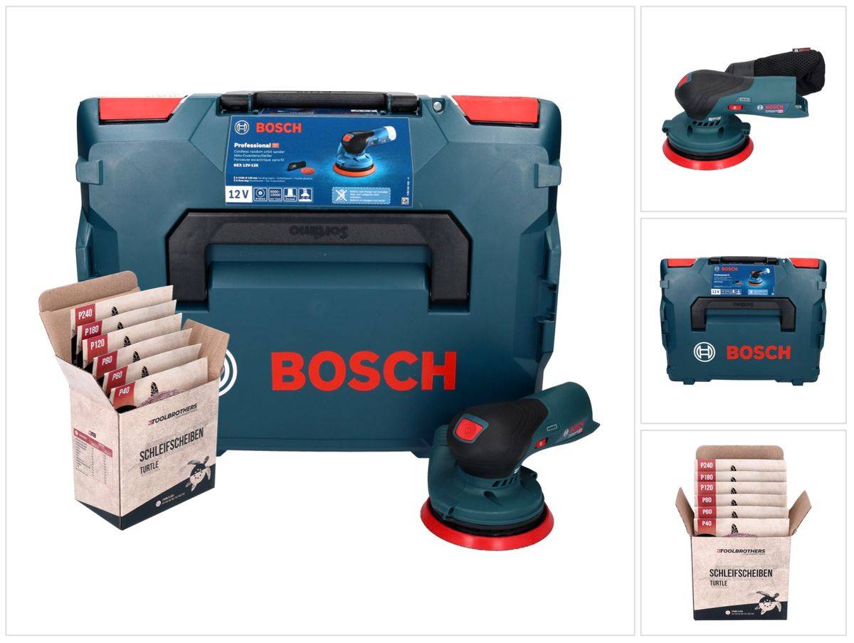 Bosch GEX 12V-125 Professional Akku Exzenterschleifer 12 V 125 mm Brushless + L-Boxx ( 0601372100 ) + Toolbrothers TURTLE Schleifset - ohne Akku