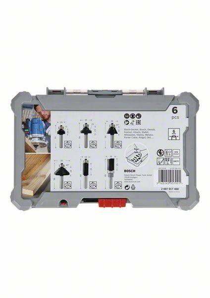 Eine Werkzeugbox mit sechs Fräsbohrern für Holz, die Bilder und Spezifikationen jedes Bits zeigt. Enthält das Bosch-Markenlogo und Produktdetails.