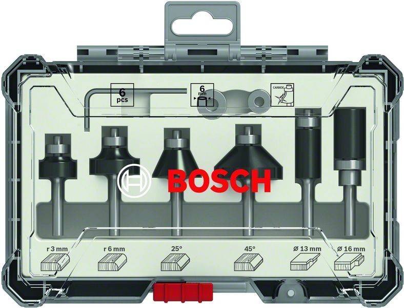 Ein Satz von sechs Bosch-Fräsbohrern in einer transparenten Aufbewahrungsbox mit unterschiedlichen Formen und Größen. Die Box verfügt über einen Griff und einen roten Verschluss.