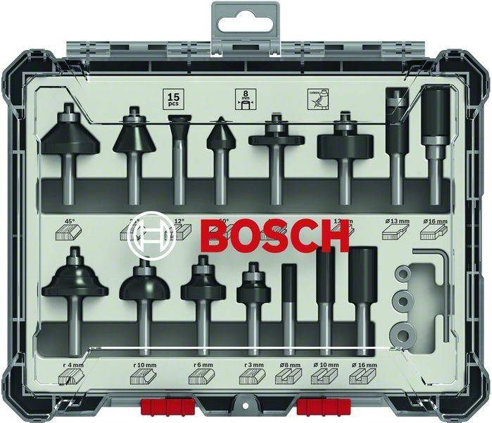 Bosch 15-teiliges Fräsbohrer-Set in einer Kunststoffbox. Jeder Bit ist sorgfältig angeordnet mit Beschriftung, die ihre Abmessungen und Formen anzeigt.