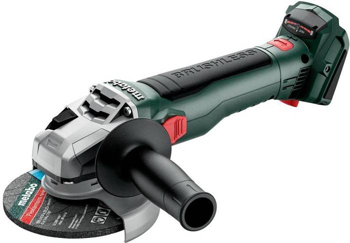 Kabelloses Metabo-Winkelschleifer mit Seitenschliff und Trennscheibe, dargestellt auf weißem Hintergrund.