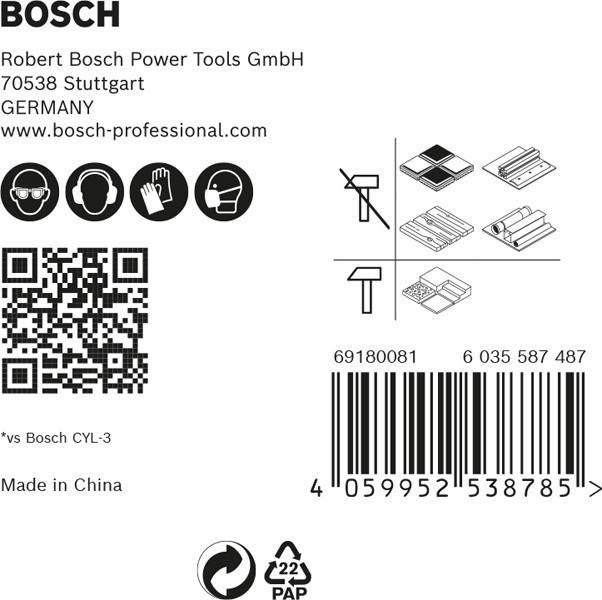 Bosch Robert Bosch Power Tools GmbH, 70538 Stuttgart, Deutschland. QR-Code, Barcode, Symbole zur Anzeige von Verschleißschutz und Bohrttiefe.