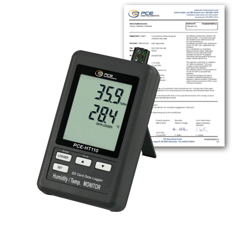 Ein digitales Luftfeuchte- und Temperaturmessgerät zeigt '35,9% RH' und '28,4°C'. Ein Zertifikatsdokument ist im Hintergrund teilweise sichtbar.