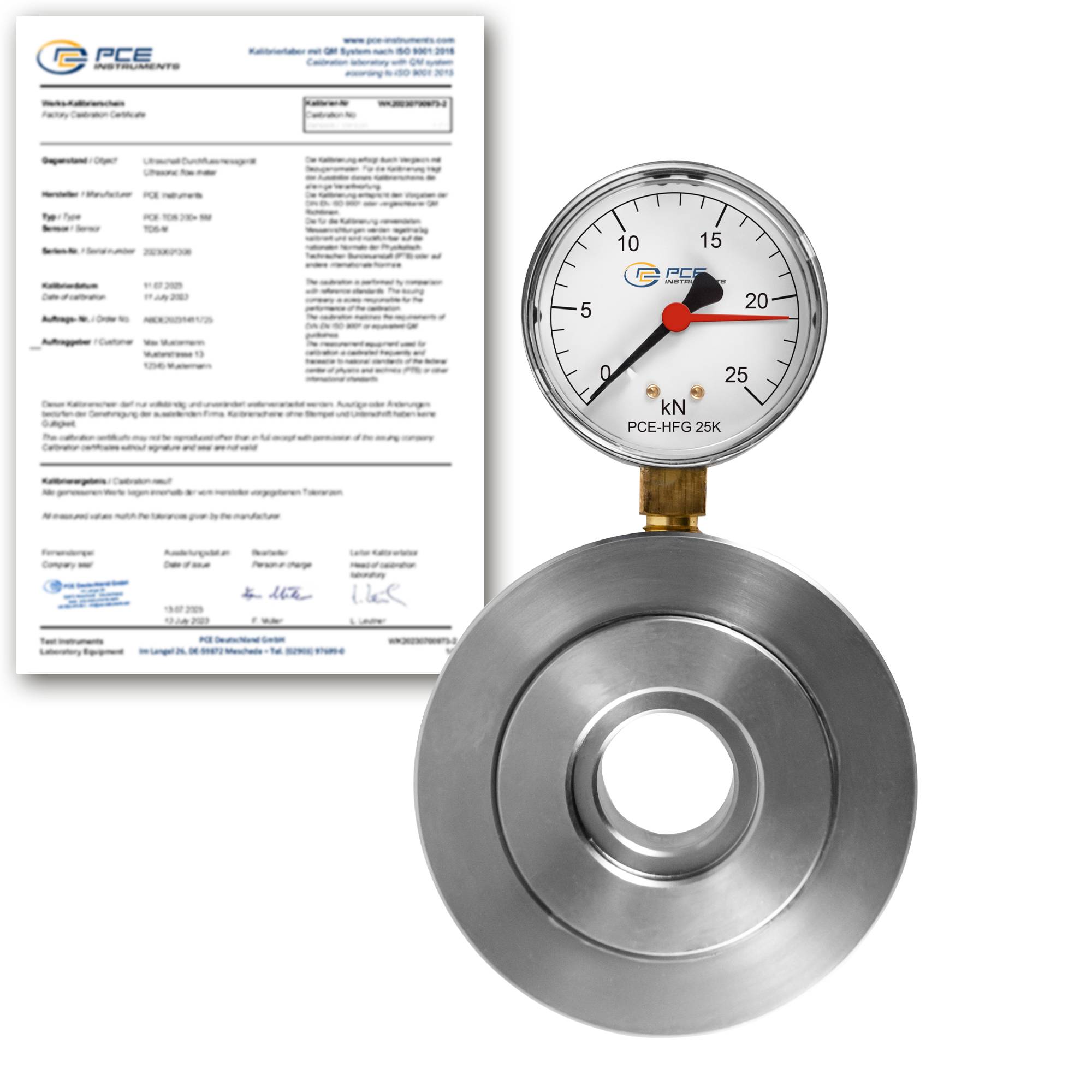 PCE Instruments PCE-HFG 25K-ICA Hydraulische Kraftmessdose inkl. ISO-Zertifikat mit Befestigungsbohrungen|27mm Ringöffn.