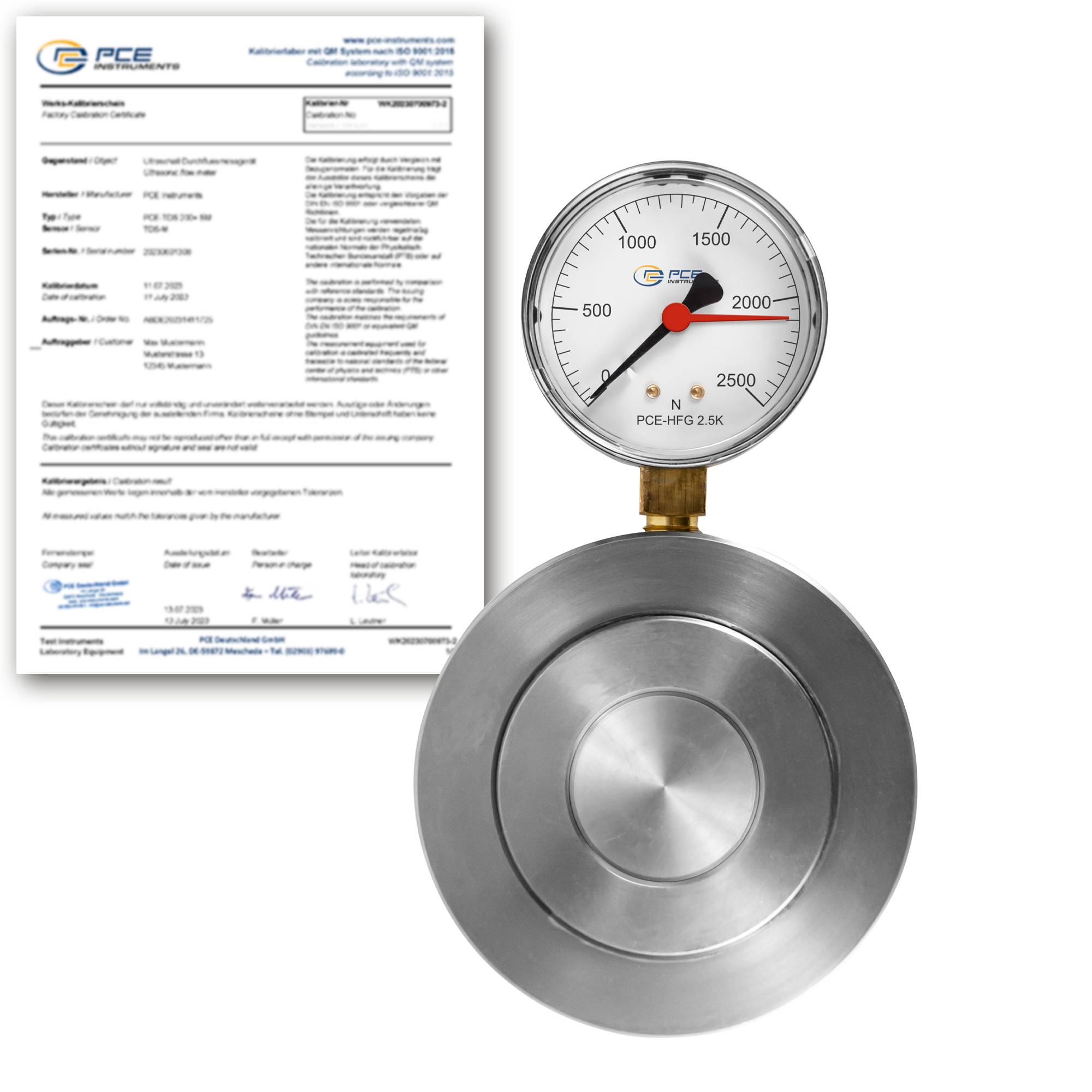 PCE Instruments PCE-HFG 2.5K-ICA Kraftaufnehmer inkl. ISO-Zertifikat|kompakt für kl. Bauräume|Schleppzeiger|Stahl|27 mm