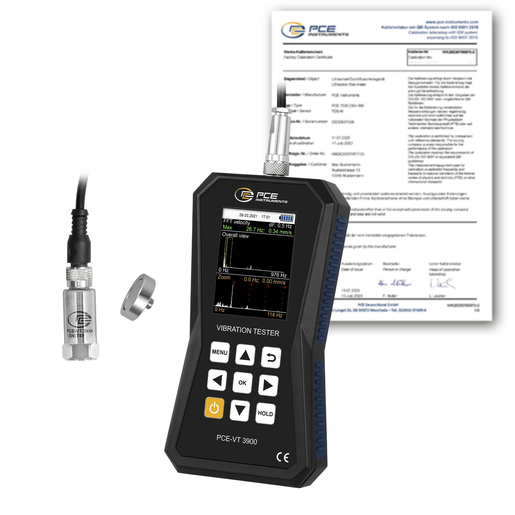 PCE Instruments Vibrationsmessgerät PCE-VT 3900-ICA inkl. ISO-Zertifikat |FFT Analyse |Routenmessung |ISO 10816-3