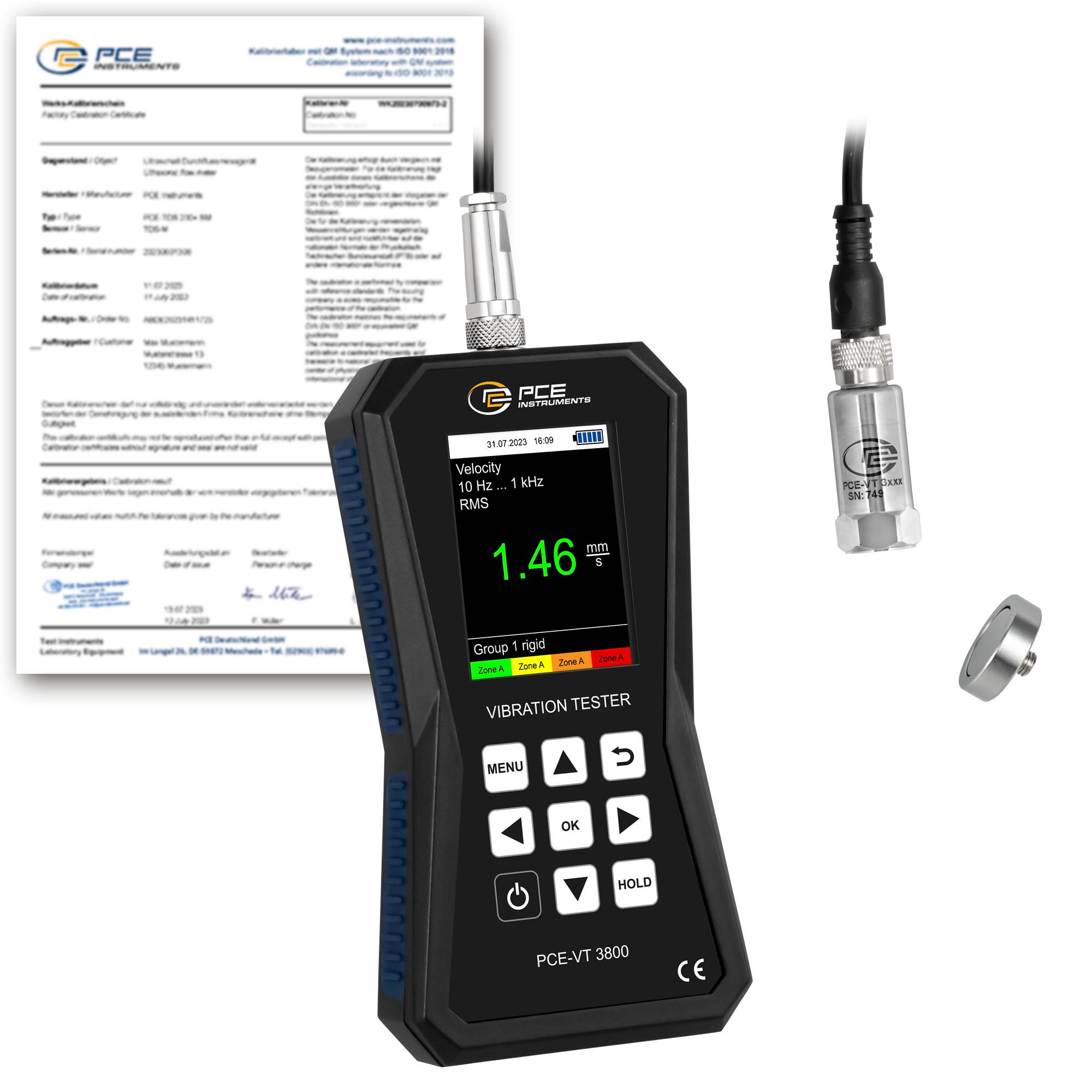 PCE Instruments Vibrationsmesser PCE-VT 3800-ICA mit ISO-Zertifikat |ext. Sensor |Speicher |Software |Spitzenwertmessung