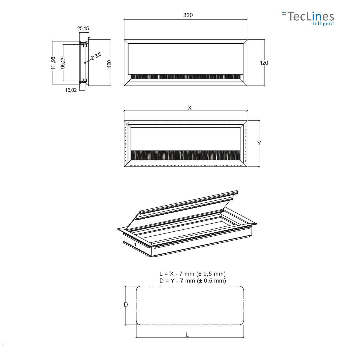 TecLines TKD013T Kabeldurchlass / Kabeldurchführung 320x120x25 mm, Titanium / sc...