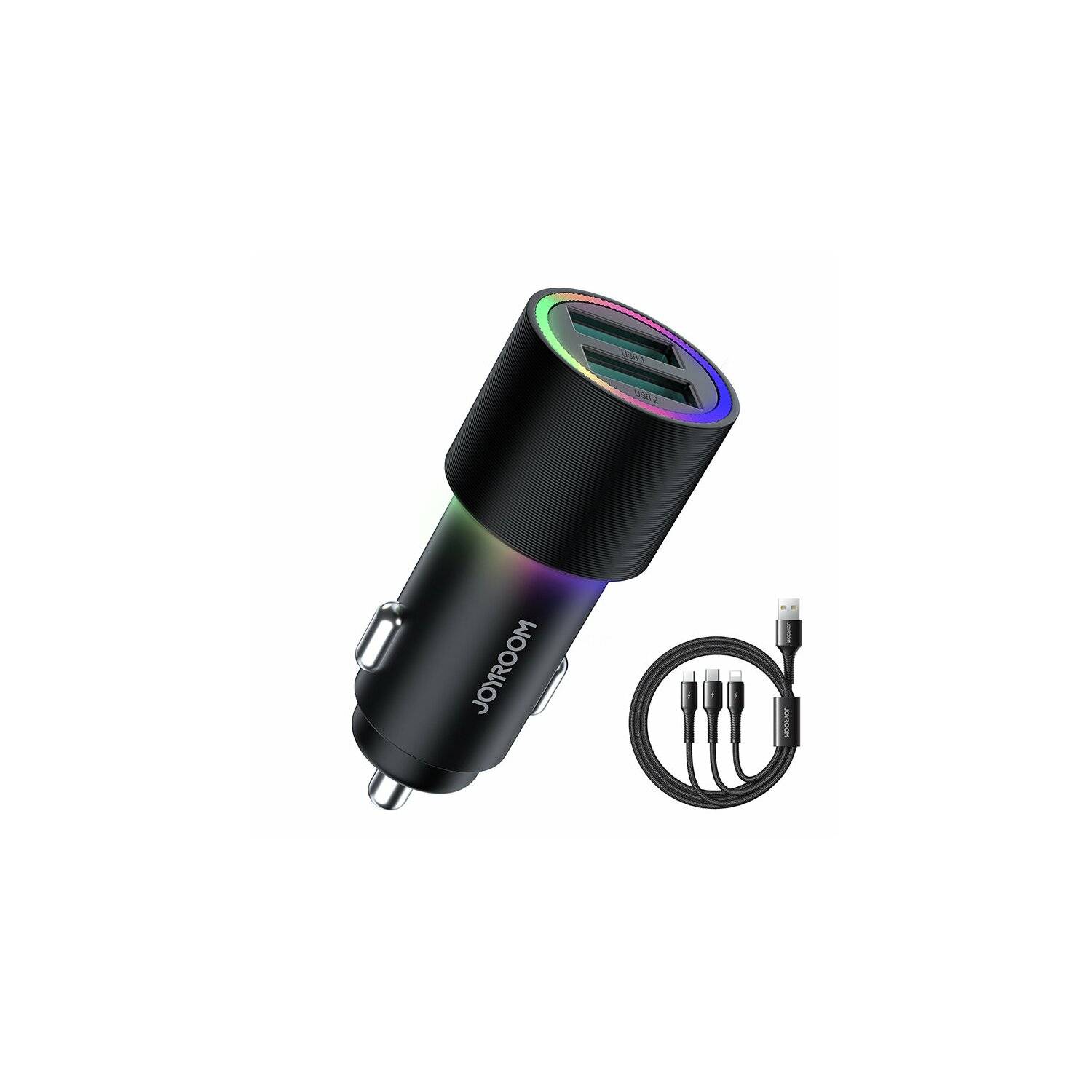 Joyroom 4.8A Autoladegerät 2 x USB mit Hintergrundbeleuchtung 24W + 3in1 Ladekabel Micro-USB Typ-C iPhone Kabel Schwarz