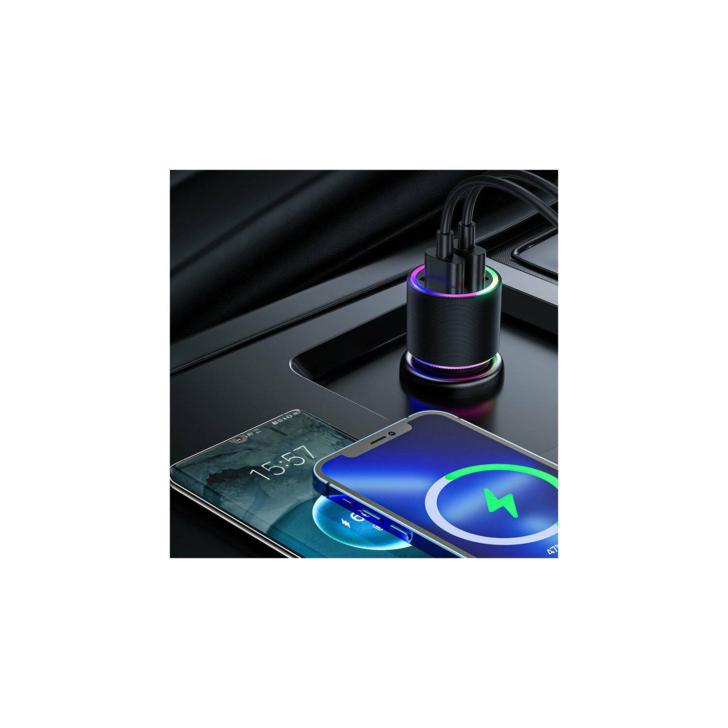 Joyroom 4.8A Autoladegerät 2 x USB mit Hintergrundbeleuchtung 24W + 3in1 Ladekabel Micro-USB Typ-C iPhone Kabel Schwarz