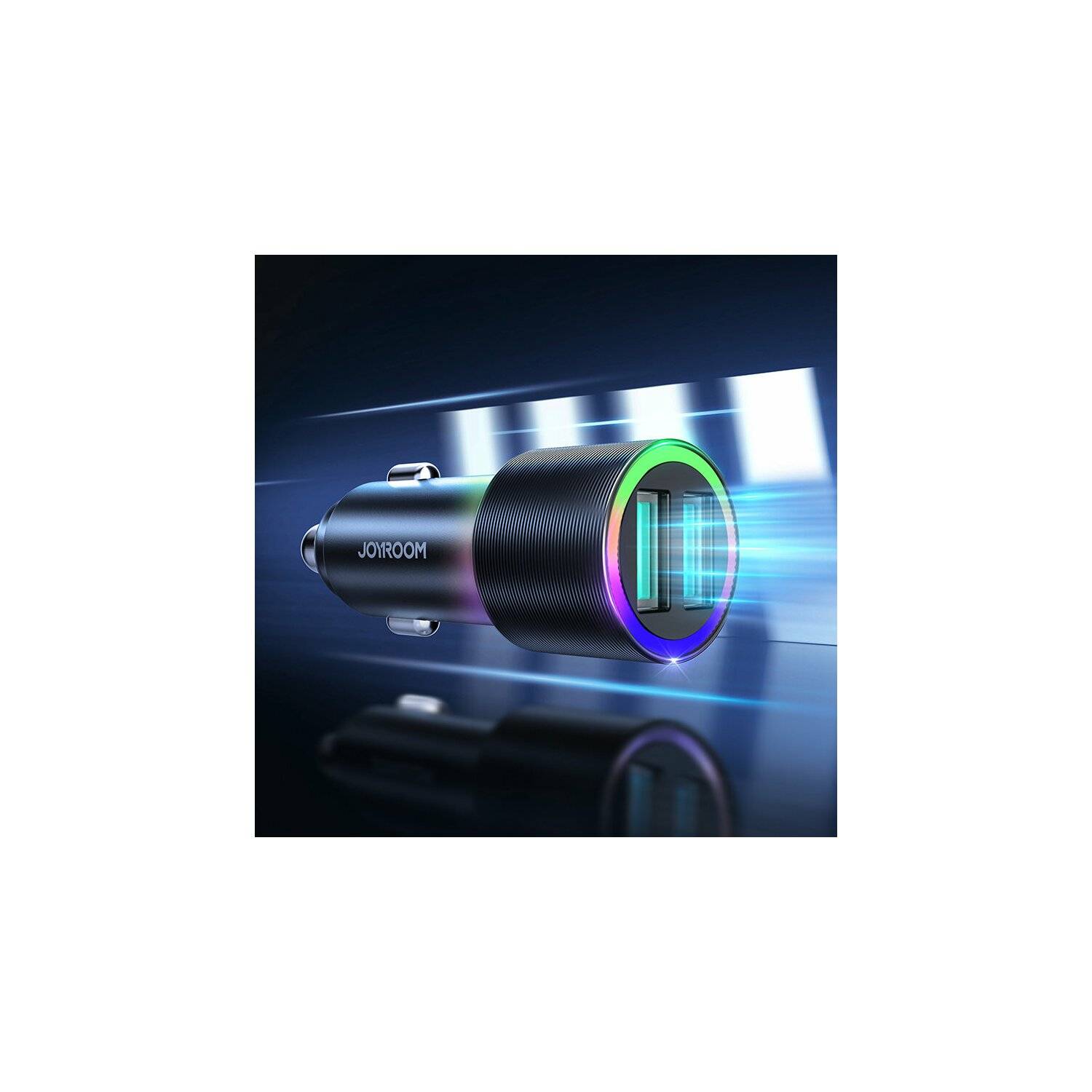 Joyroom 4.8A Autoladegerät 2 x USB mit Hintergrundbeleuchtung 24W + 3in1 Ladekabel Micro-USB Typ-C iPhone Kabel Schwarz