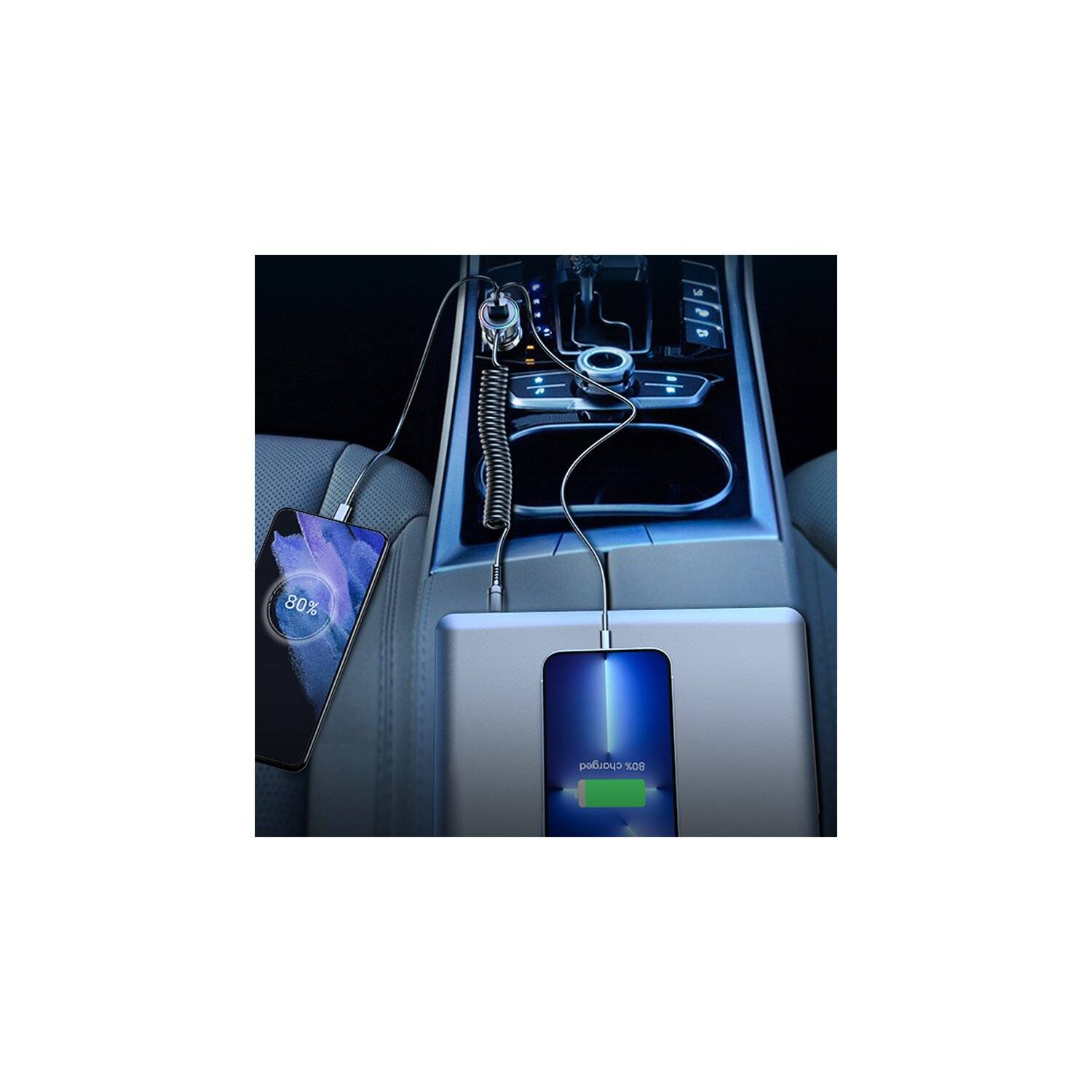 Joyroom 4.8A Autoladegerät 2 x USB mit Hintergrundbeleuchtung 24W + 3in1 Ladekabel Micro-USB Typ-C iPhone Kabel Schwarz