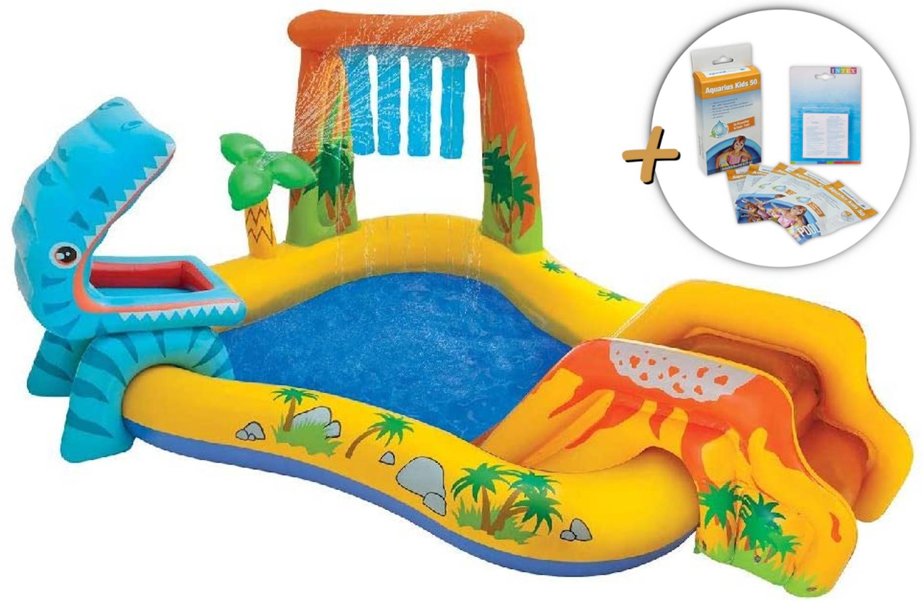 INTEX 57444NP - Planschbecken - Dinosaurier Playcenter mit Rutsche (249x191x109cm) + Wasserpflege & Reparaturflicken