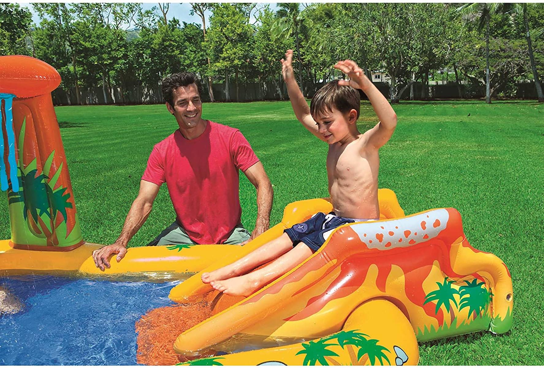 INTEX 57444NP - Planschbecken - Dinosaurier Playcenter mit Rutsche (249x191x109cm) + Wasserpflege & Reparaturflicken