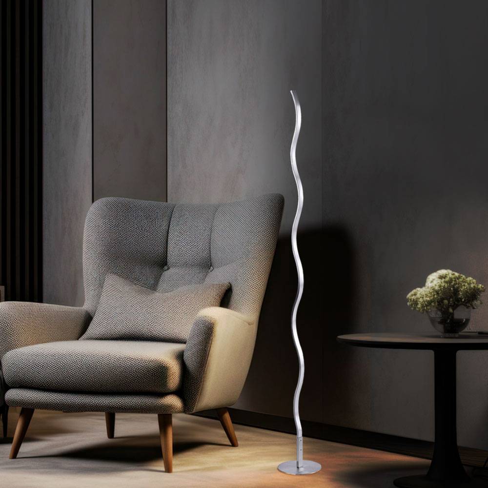 Stehlampe LED Stehleuchte Wohnzimmerlampe Designleuchte Schlafzimmerlampe, Wellen Design, Stahl silber, 10W 750lm warmweiß, DxH 14x120 cm