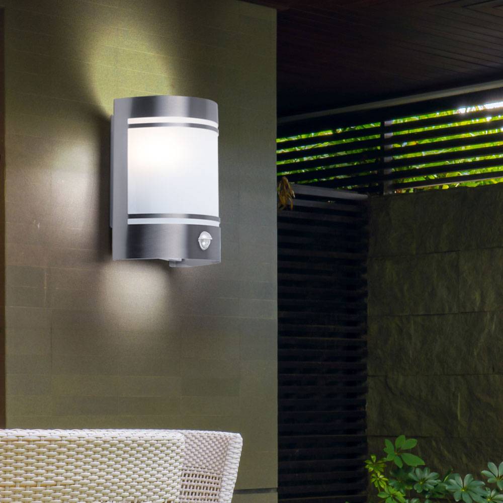 Außenleuchte Wand Edelstahl Wandleuchte mit Bewegungsmelder Wandlampe mit Sensor, Glas, silber, 1x LED warmweiß, LxBxH 14x10,5x20 cm