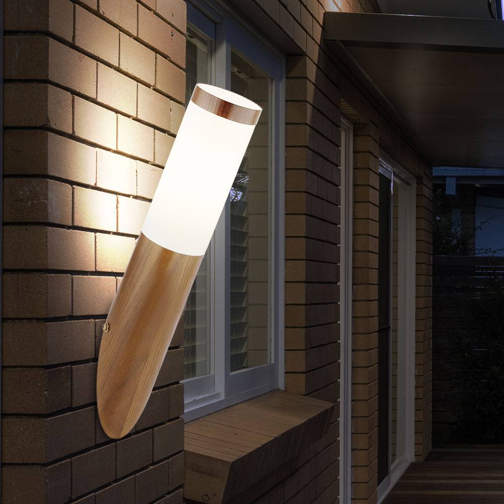 Wandleuchte Aussen Edelstahl Außenlampe Terrasse Balkon Aussenleuchte Holzoptik, Kunststoff opal, 1x E27, DxH 7,6x39 cm
