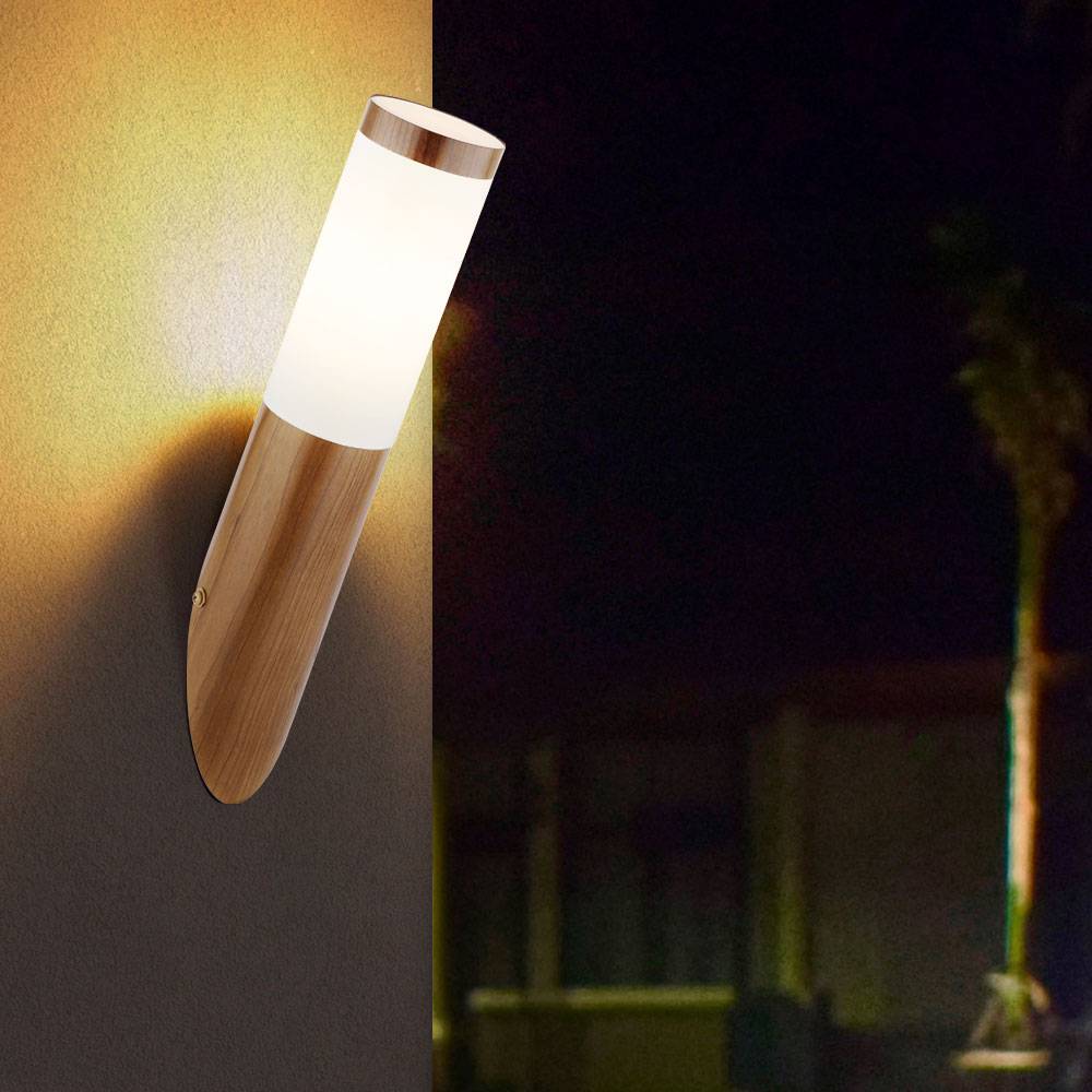 Wandleuchte Aussen Edelstahl Außenlampe Terrasse Balkon Aussenleuchte Holzoptik, Kunststoff opal, 1x E27, DxH 7,6x39 cm