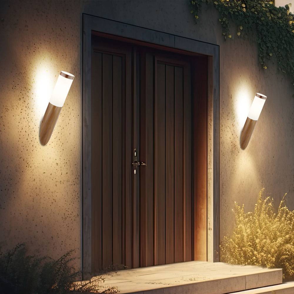 Wandleuchte Aussen Edelstahl Außenlampe Terrasse Balkon Aussenleuchte Holzoptik, Kunststoff opal, 1x E27, DxH 7,6x39 cm