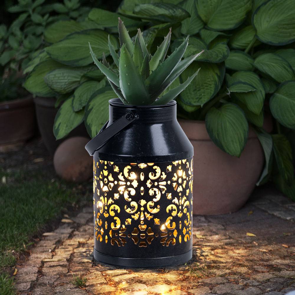 Solarlampen für Außen Balkon Deko Muster Gartendeko Metall Solarlaterne hängend Pflanzgefäß, schwarz, LED, DxH 10x16 cm