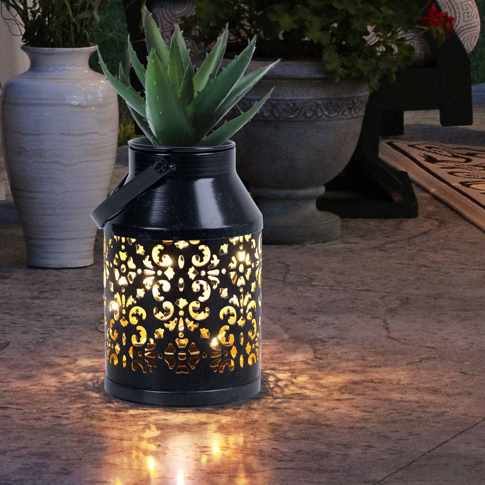 Solarlampen für Außen Balkon Deko Muster Gartendeko Metall Solarlaterne hängend Pflanzgefäß, schwarz, LED, DxH 10x16 cm