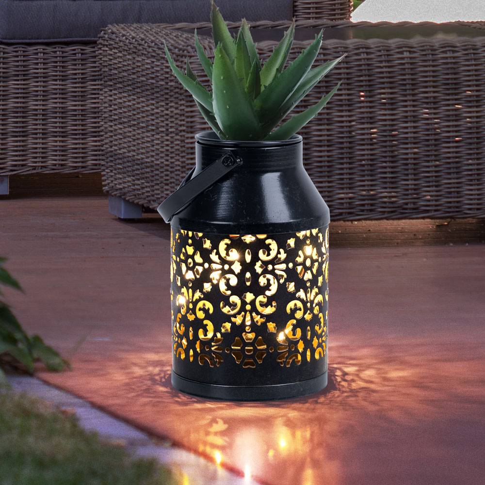 Solarlampen für Außen Balkon Deko Muster Gartendeko Metall Solarlaterne hängend Pflanzgefäß, schwarz, LED, DxH 10x16 cm
