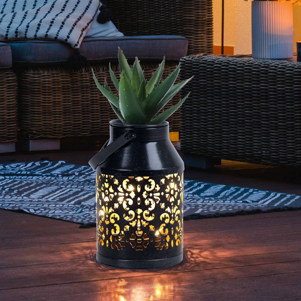 Solarlampen für Außen Balkon Deko Muster Gartendeko Metall Solarlaterne hängend Pflanzgefäß, schwarz, LED, DxH 10x16 cm