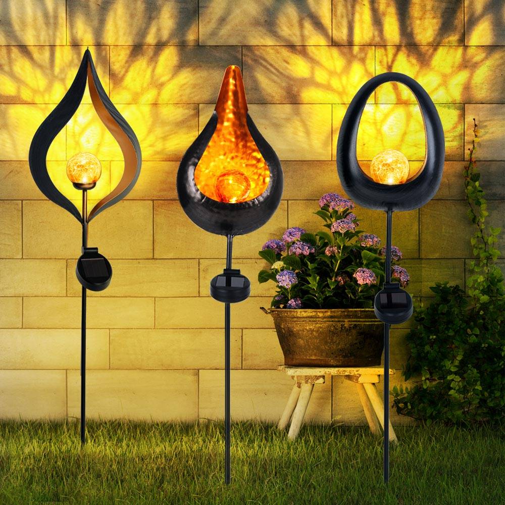 Solarleuchte Flamme Garten Solarstab für Außen Solar Deko für Außen mit Erdspieß und Flammeneffekt, Metall Glas, 1x LED, H 93 cm, 3er Set