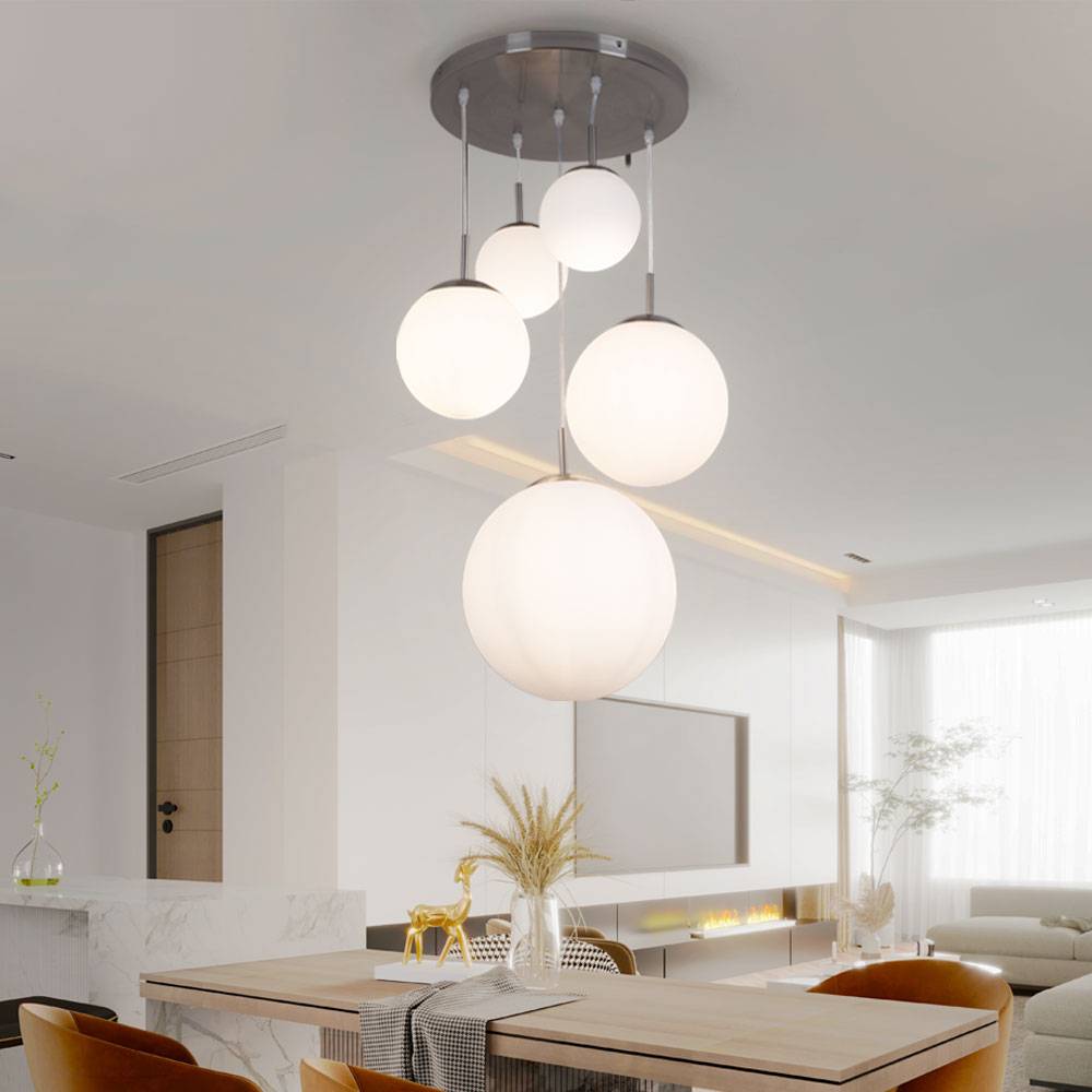 Decken Pendel Leuchte 5 Glas Kugeln Chrom Design Hänge Lampe Wohn Ess Schlaf Zimmer Beleuchtung im Set inklusive LED Leuchtmittel