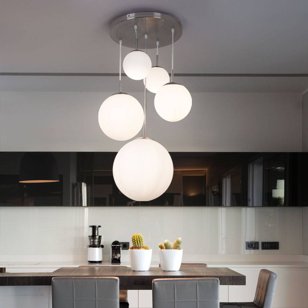 Hängeleuchte Glaskugeln Esstischleuchte hängend Modern Kugelleuchte Hängelampe Glas, 5 Flammig, Metall nickel-matt, 5x E27, BxH 50x90 cm