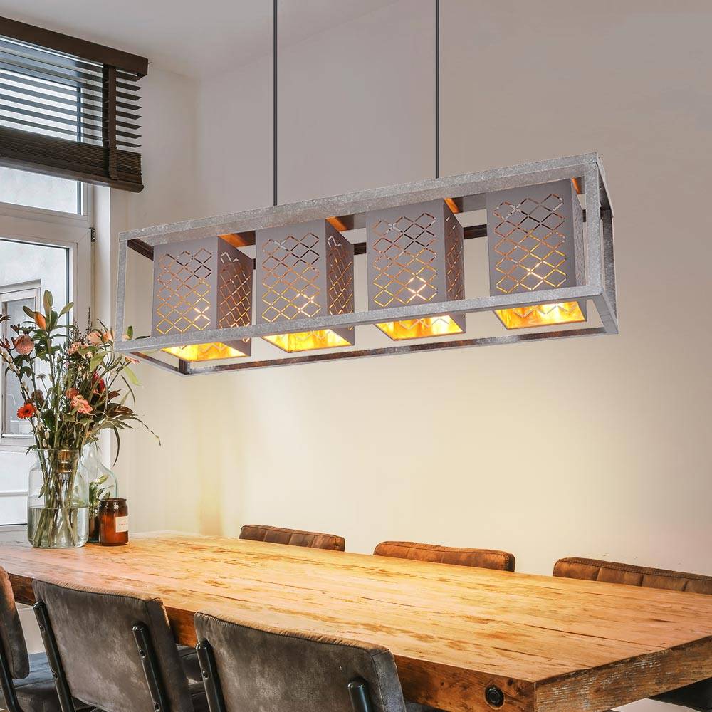 Pendelleuchte Metall 4 flammig Hängelampe Esstisch grau Pendellampe verstellbar, Höhe anpassbar, Orientalisch Dekorstanzungen, Textil silber gold an