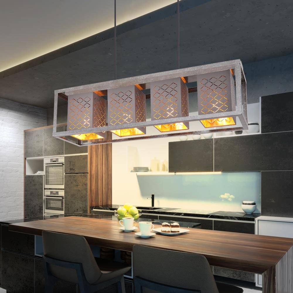 Pendelleuchte Metall 4 flammig Hängelampe Esstisch grau Pendellampe verstellbar, Höhe anpassbar, Orientalisch Dekorstanzungen, Textil silber gold an