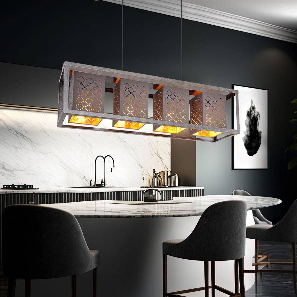 Pendelleuchte Metall 4 flammig Hängelampe Esstisch grau Pendellampe verstellbar, Höhe anpassbar, Orientalisch Dekorstanzungen, Textil silber gold an