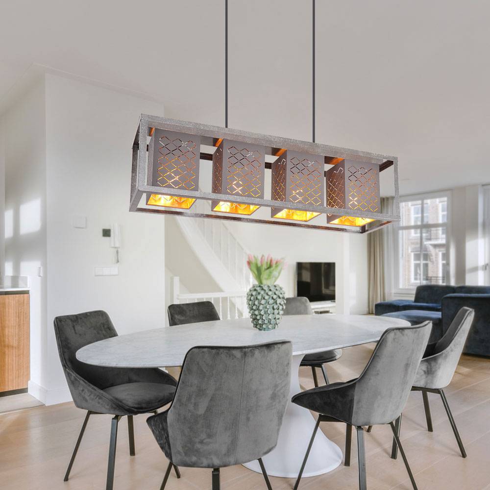 Pendelleuchte Metall 4 flammig Hängelampe Esstisch grau Pendellampe verstellbar, Höhe anpassbar, Orientalisch Dekorstanzungen, Textil silber gold an
