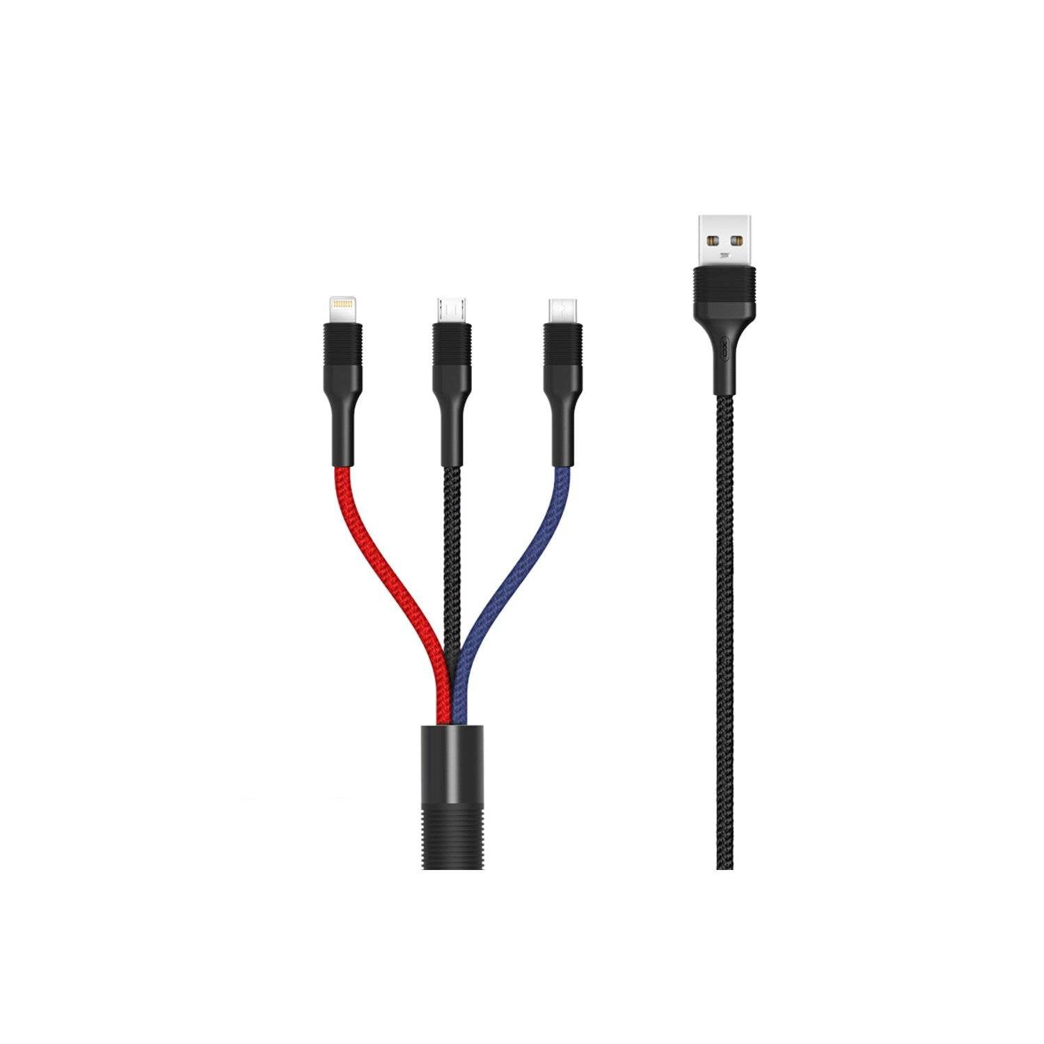 XO 3in1 Nylon Ladegerät Kabel 3A 1.2m Micro USB TYP-C iOS Anschluss Fast Charge Schnell Ladekabel Schwarz