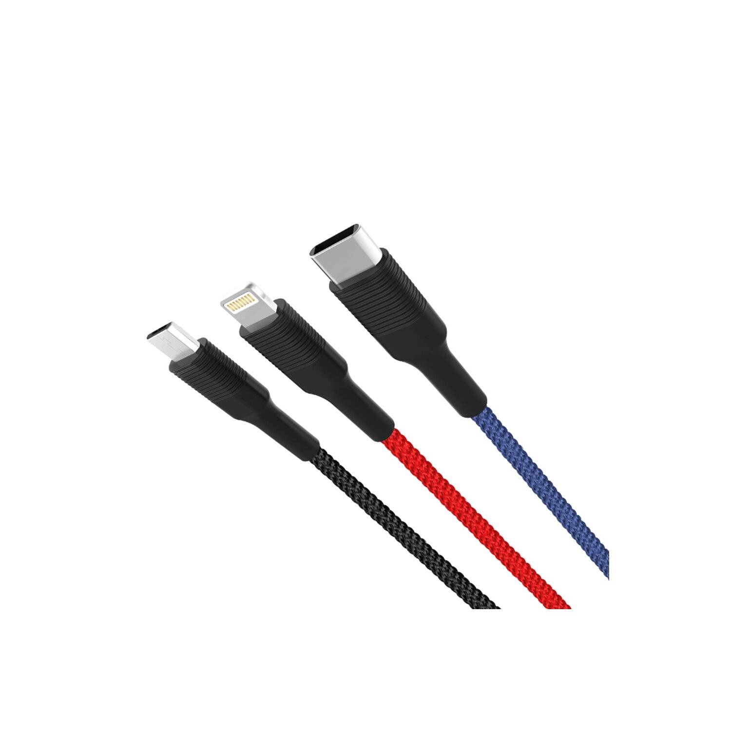 XO 3in1 Nylon Ladegerät Kabel 3A 1.2m Micro USB TYP-C iOS Anschluss Fast Charge Schnell Ladekabel Schwarz
