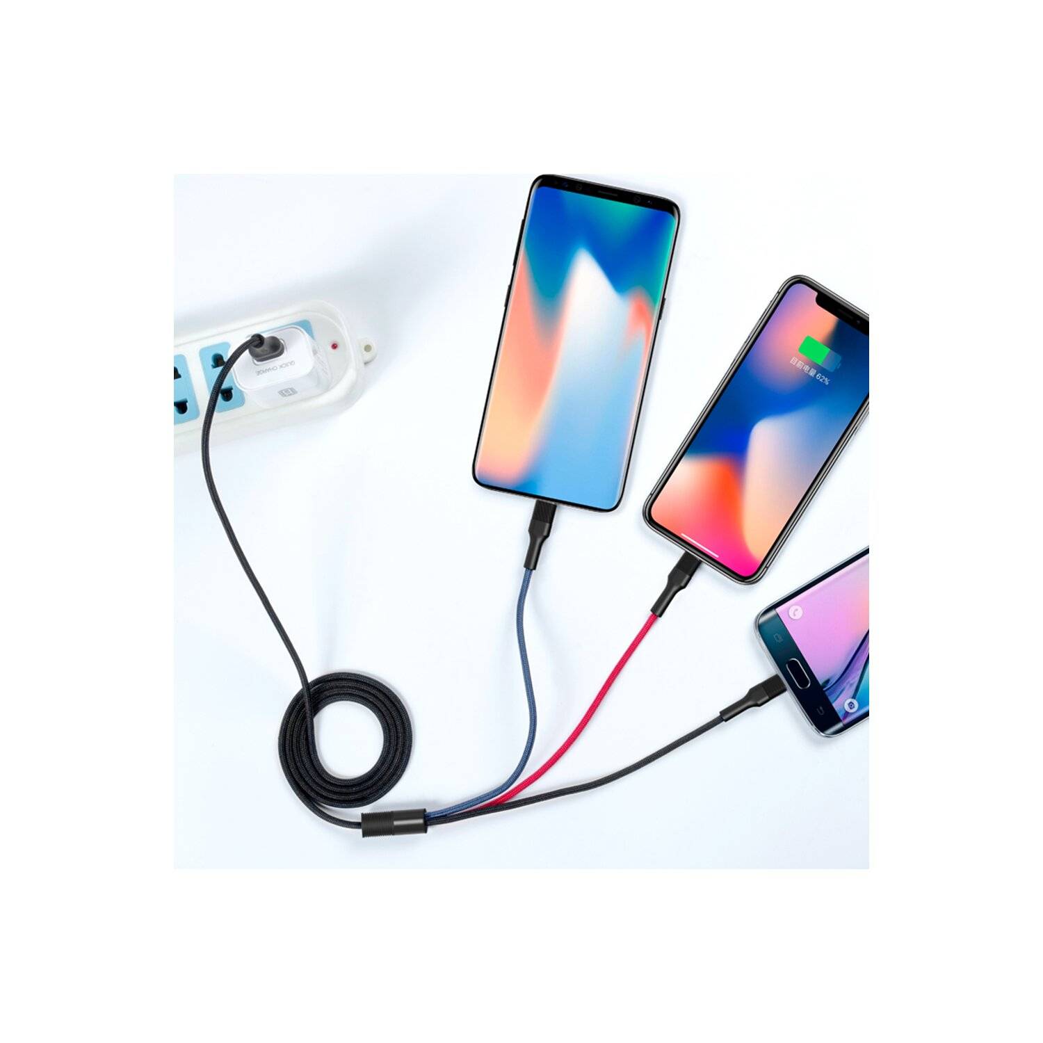 XO 3in1 Nylon Ladegerät Kabel 3A 1.2m Micro USB TYP-C iOS Anschluss Fast Charge Schnell Ladekabel Schwarz