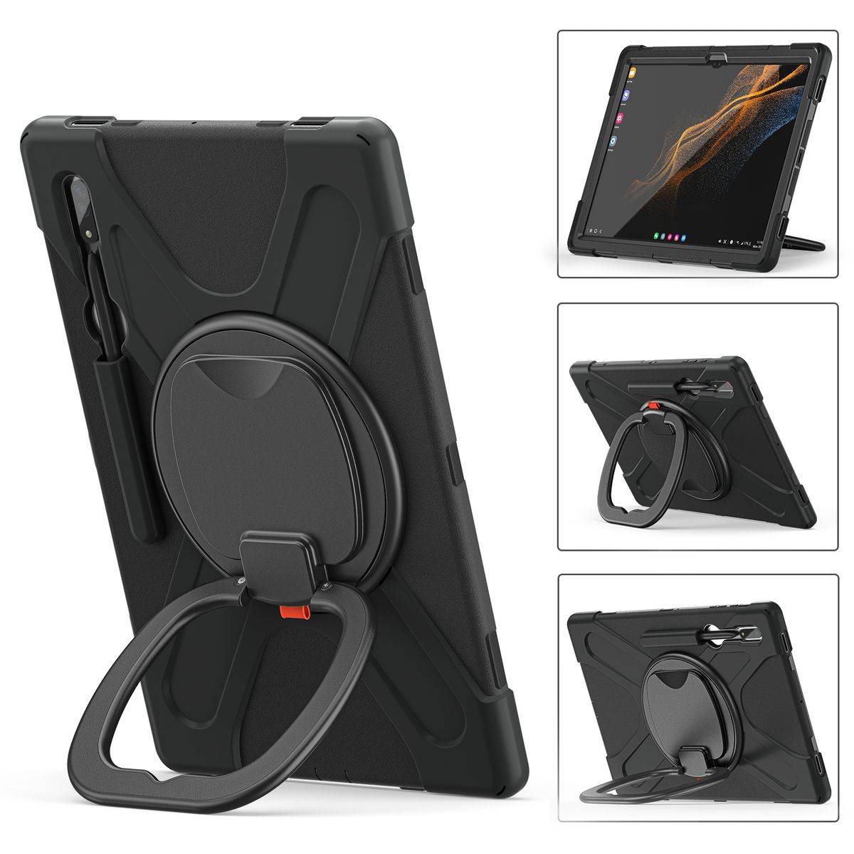 Für Samsung Galaxy Tab S8 Ultra aufstellbare Outdoor Hybrid Schwarz 360 Grad mit Trage Gurt Halte-Ring Tablet Tasche Etuis Cover Case Schutz Robust N