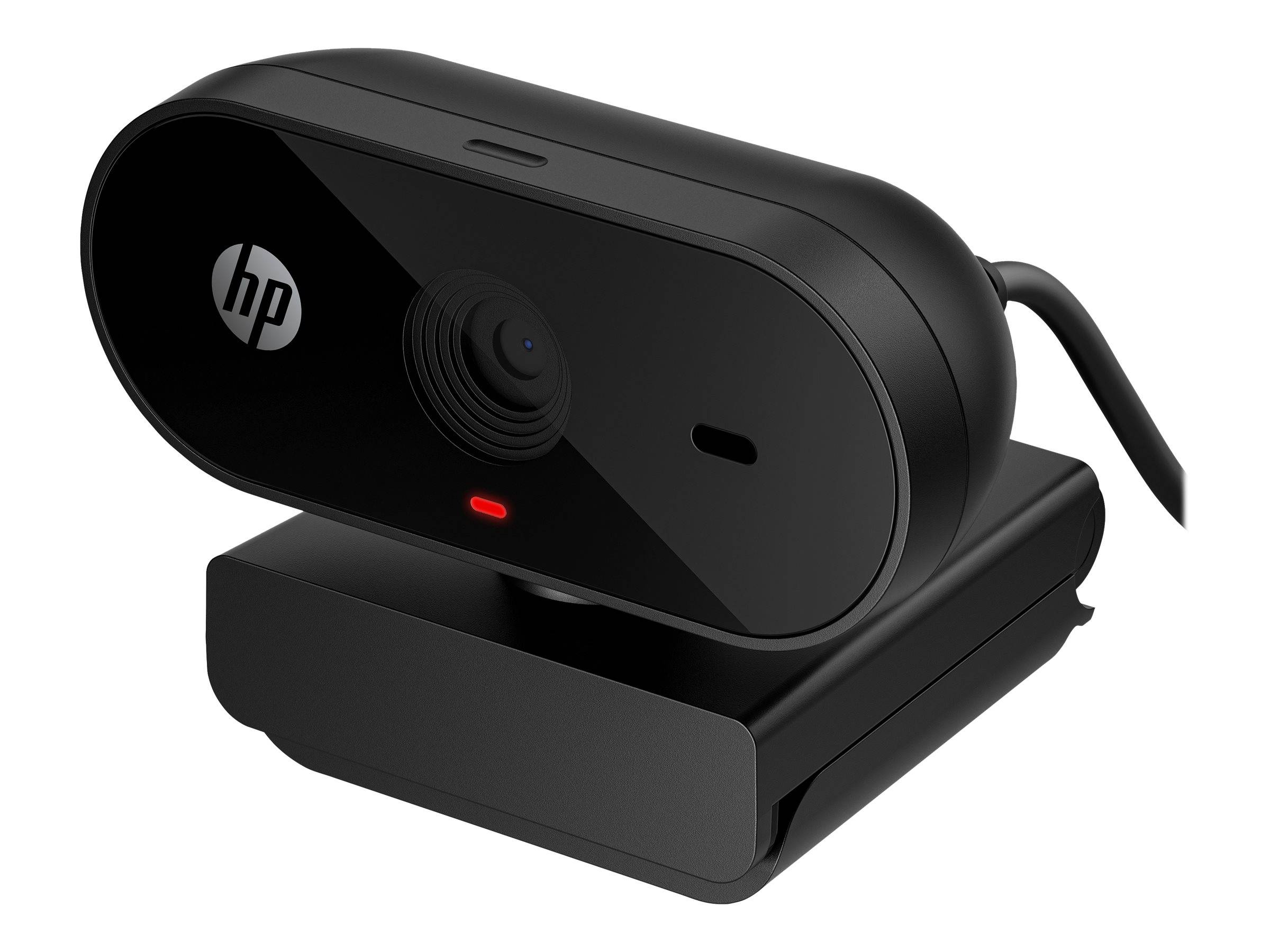 HP-Webcam mit Objektiv und roter Statusleuchte auf einer Montagebasis, mit angeschlossenem Kabel dargestellt.