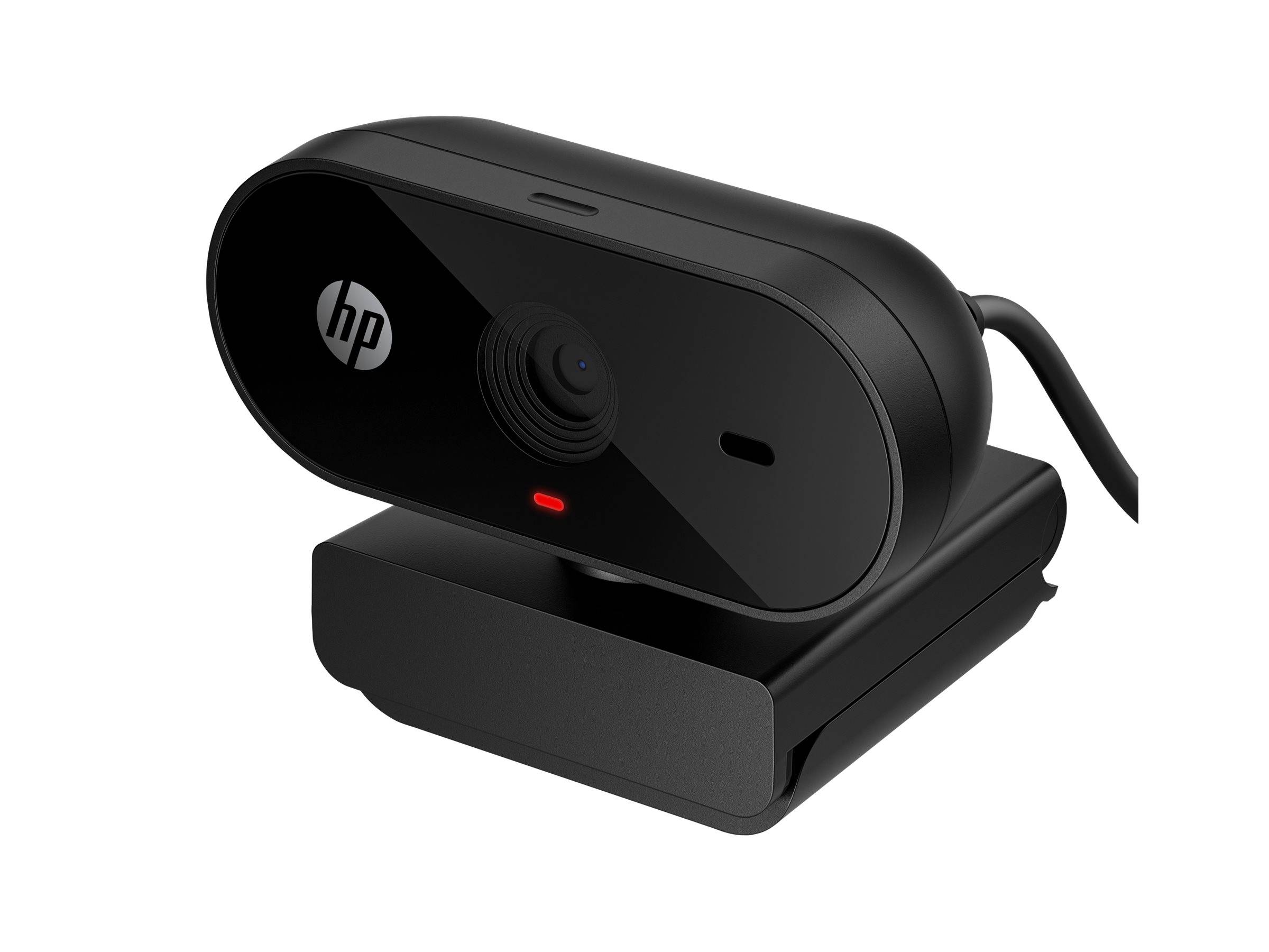 Eine schwarze HP-Webcam mit Linse, LED-Anzeige und Logo. Sie hat eine rechteckige Form und ist für die Montage auf einem Computermonitor konzipiert.