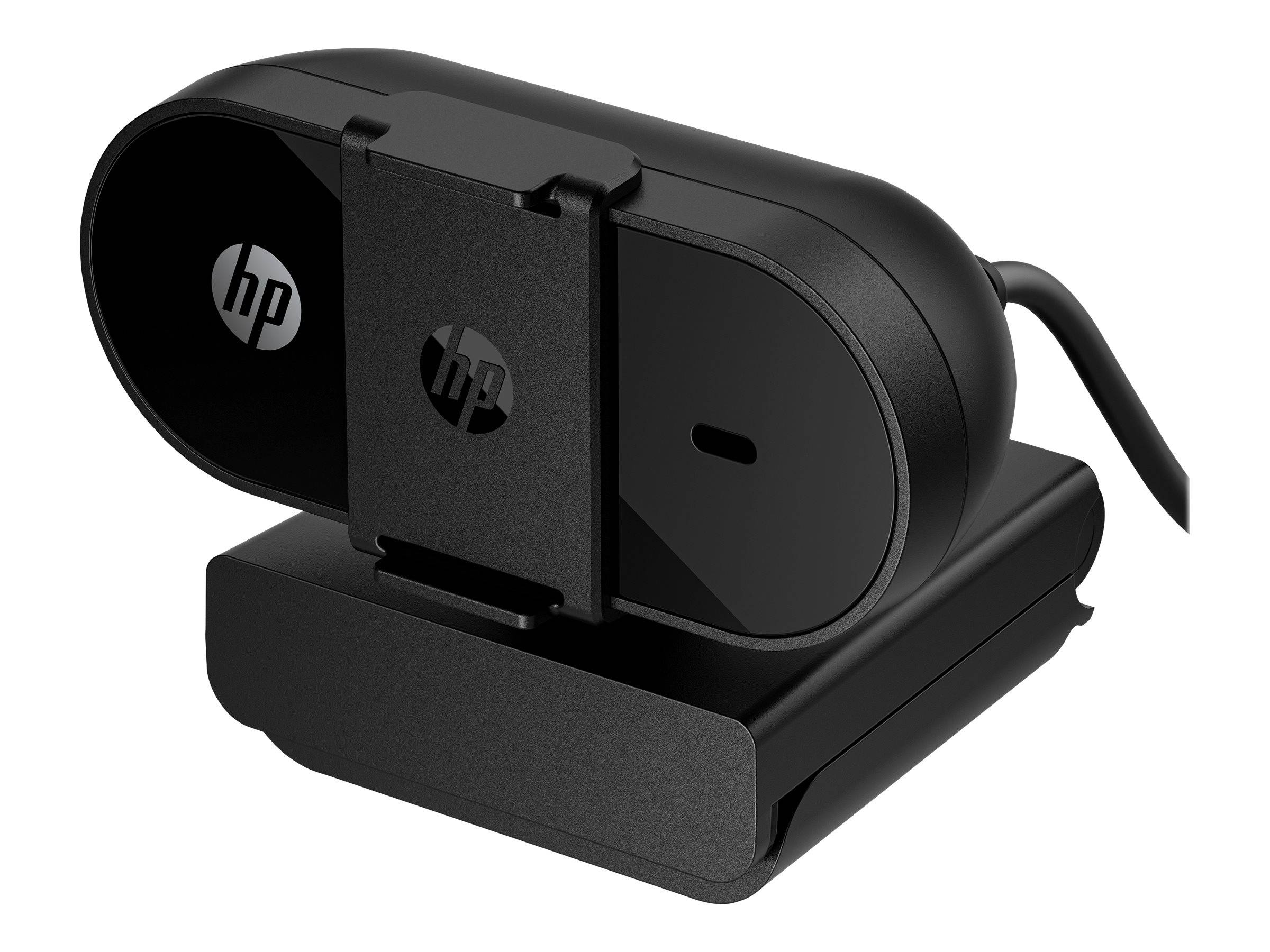 Schwarze HP-Webcam mit Datenschutzabdeckung auf einem Desktopständer, gezeigt mit angeschlossenem USB-Kabel.