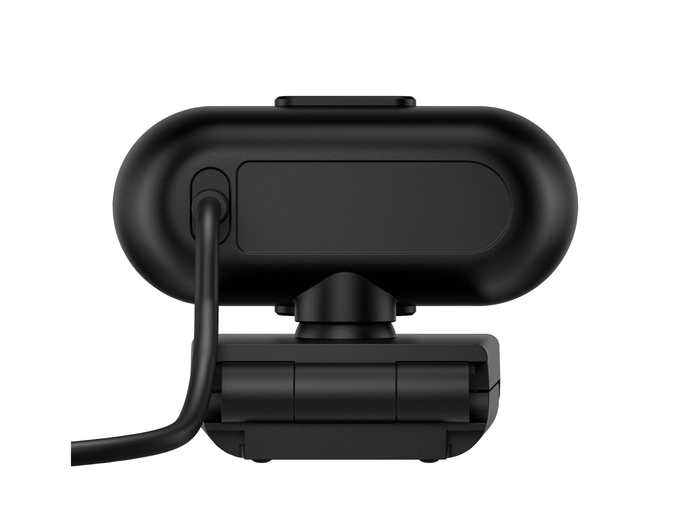 Eine schwarze Webcam, die auf einer Basis montiert ist und mit einem angeschlossenen Kabel versehen ist, von hinten betrachtet.